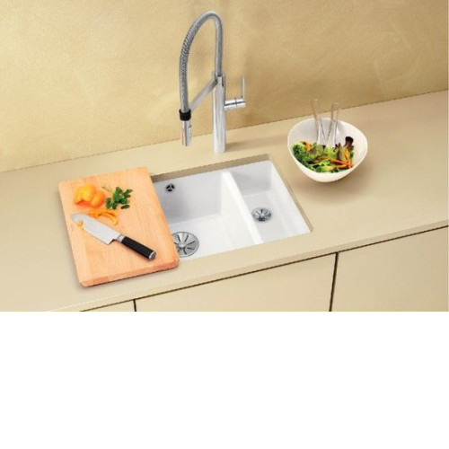 Кухонная мойка Blanco SUBLINE 350/150-U керамика отводная арматура InFino® глянцевый белый керамика 523741