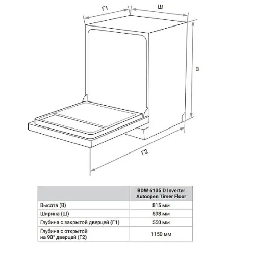 Посудомоечная машина WEISSGAUFF BDW 6135 D Inverter AutoOpen Timer Floor