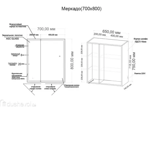 Шкаф-зеркало GROSSMAN МЕРКАДО 70 см с LED подсветкой 207008