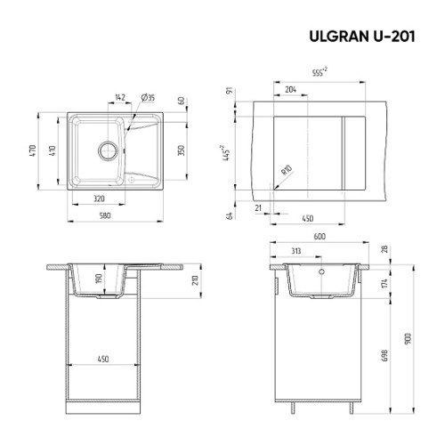 Кухонная мойка ULGRAN U-201-308 черный