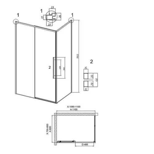 Душевое ограждение GROSSMAN 100.K33.01.110.21.00-200.K33.01.80.21.00 черный матовый