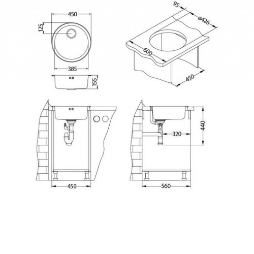 Кухонная мойка ALVEUS Form 10 LEI-90 FI 450 1X 1084838 (в комплекте с сифоном 1102384)