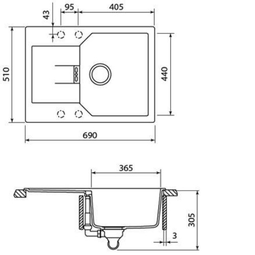Мойка SCHOCK 700562 manhattan 45 d cristalite корз.клапан 690x510 оникс