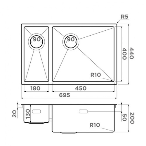 Кухонная мойка OMOIKIRI Taki 69-2-U/IF-LG-R Side (4993184)