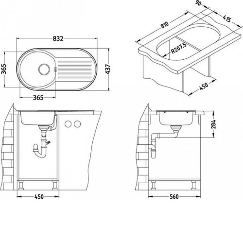 Кухонная мойка ALVEUS Form 40 NAT-90 832X437 (в комплекте с сифоном)